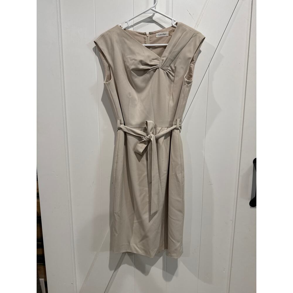 Calvin Klein Sheath Dress 6 Beige Oatmeal Midi Belted Draped Neckline